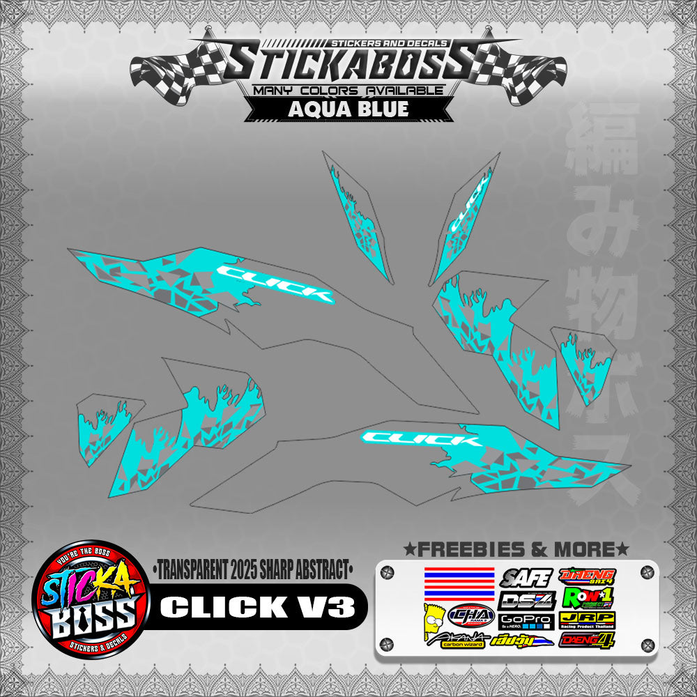 【PREMIUM UV PRINT】TRANSPARENT CLICK V3 INDO STICKER DECALS (2025 SHARP ABSTRACT )【WITH FREEBIES】