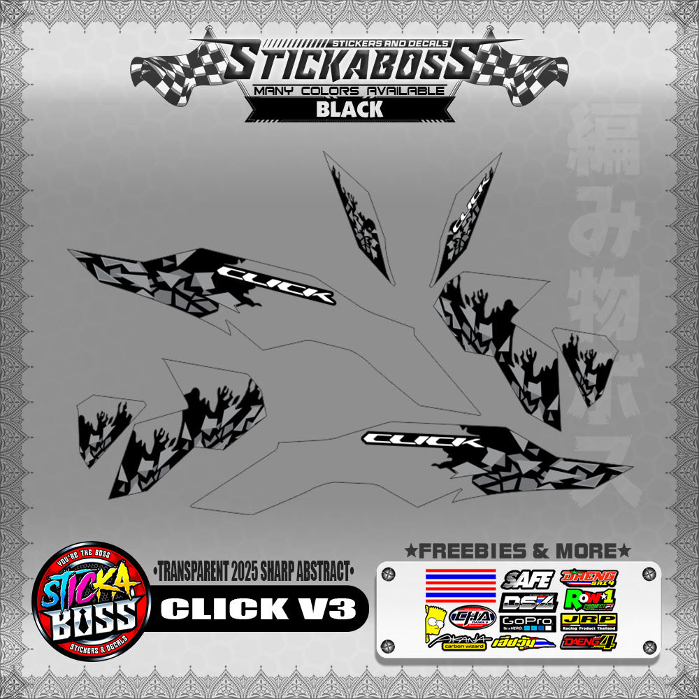 【PREMIUM UV PRINT】TRANSPARENT CLICK V3 INDO STICKER DECALS (2025 SHARP ABSTRACT )【WITH FREEBIES】