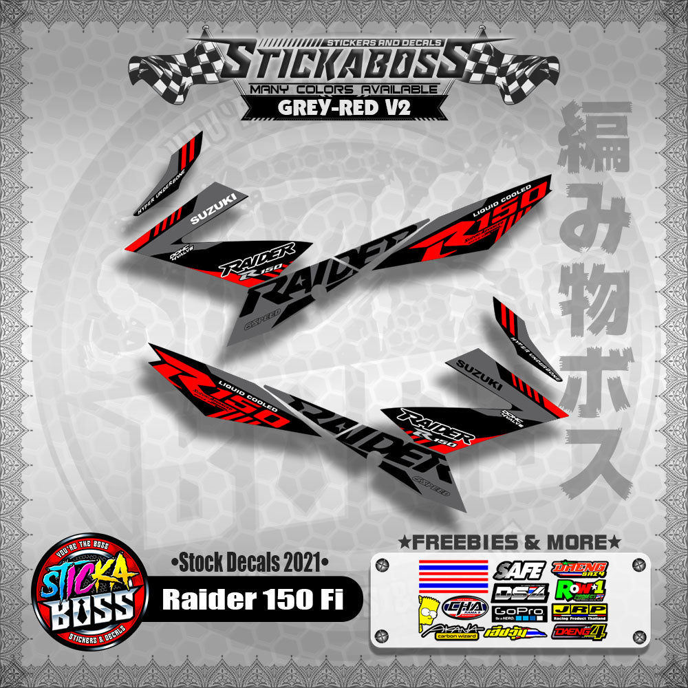 Suzuki Raider 150 Fi Stock Decals 2021 (GREY-RED V2)【PREMIUM GLOSSY LAMINATED】