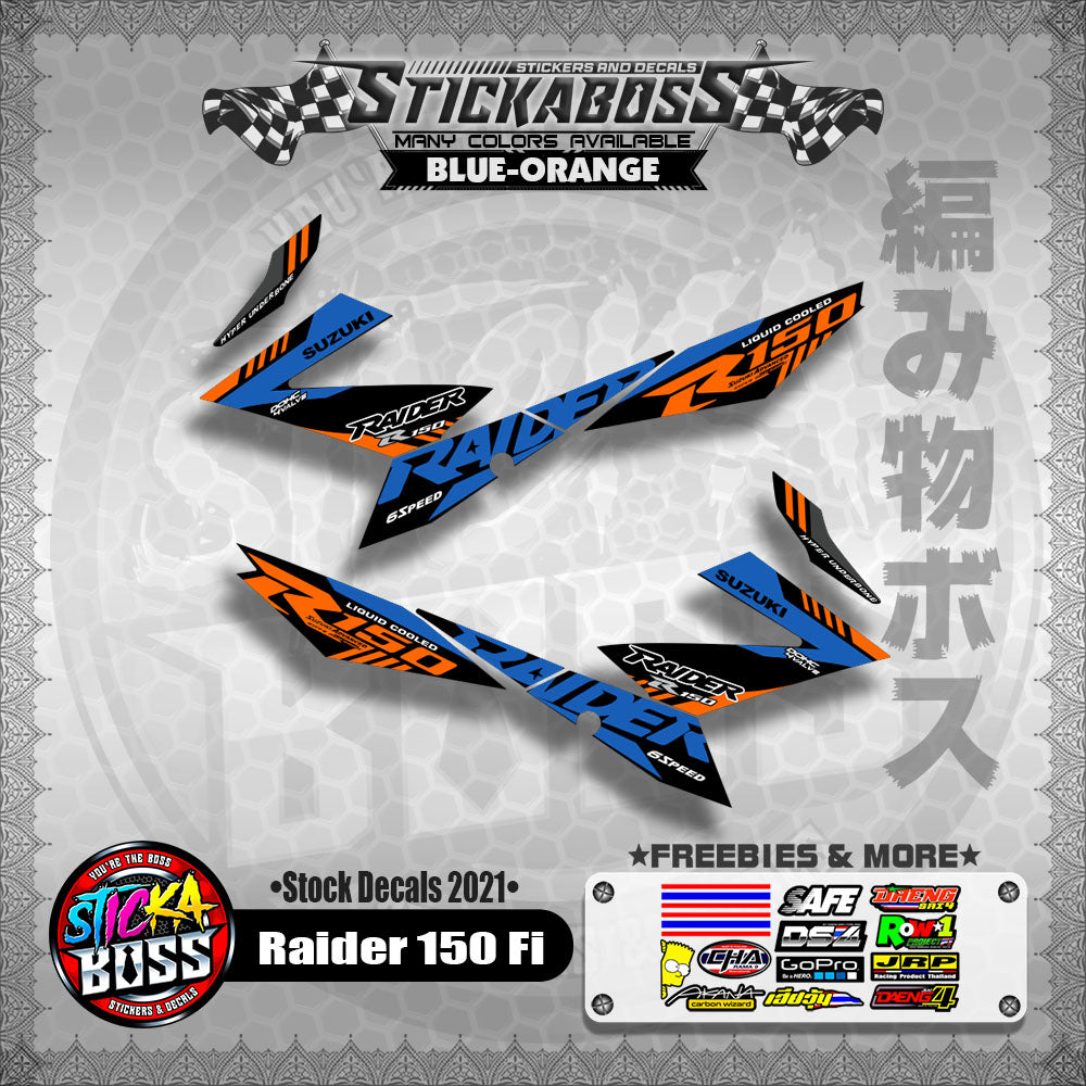 Suzuki Raider 150 Fi Stock Decals 2021 (BLUE-ORANGE)【PREMIUM GLOSSY LAMINATED】