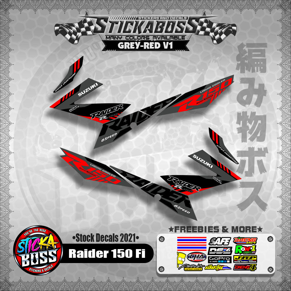 Suzuki Raider 150 Fi Stock Decals 2021 (GREY-RED V1)【PREMIUM GLOSSY LAMINATED】