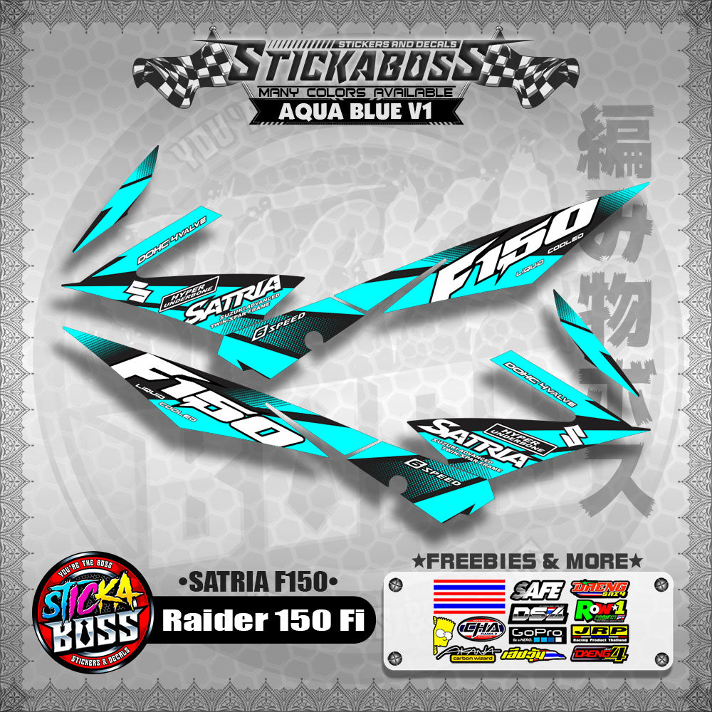 Suzuki Raider 150 Fi Stock Decals AQUA BLUE (Satria F150)【PREMIUM GLOSSY LAMINATED】