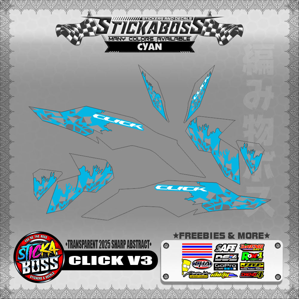 【PREMIUM UV PRINT】TRANSPARENT CLICK V3 INDO STICKER DECALS (2025 SHARP ABSTRACT )【WITH FREEBIES】