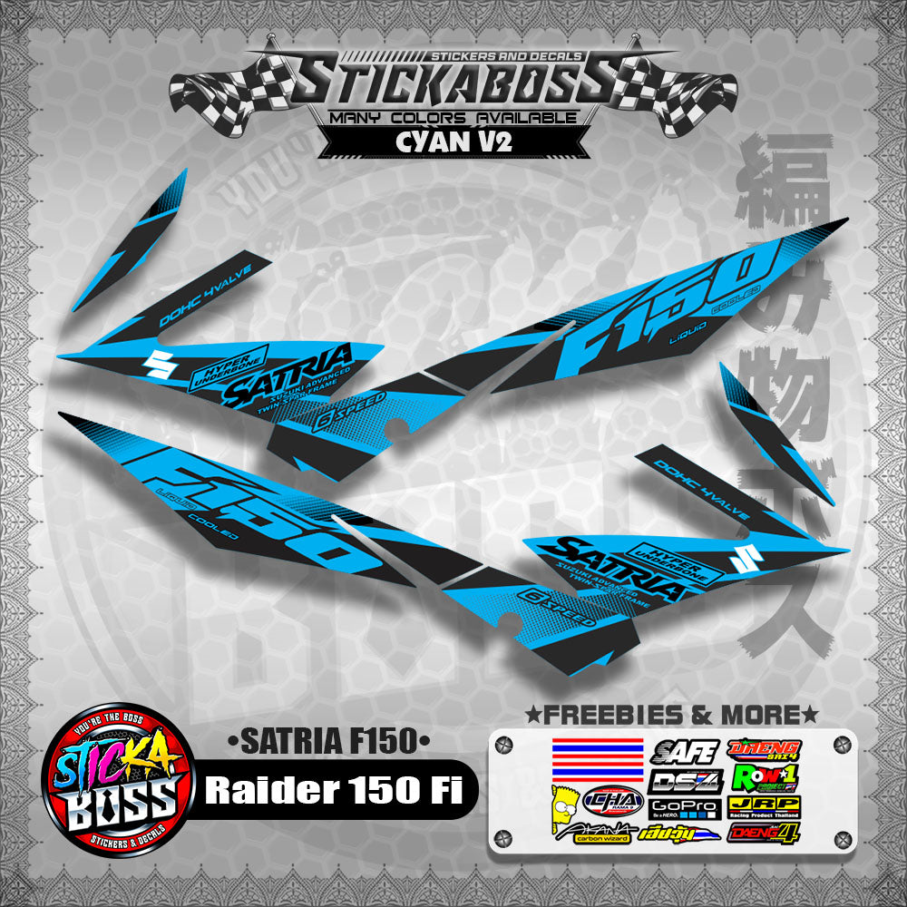 Suzuki Raider 150 Fi Stock Decals CYAN (Satria F150)【PREMIUM GLOSSY LAMINATED】