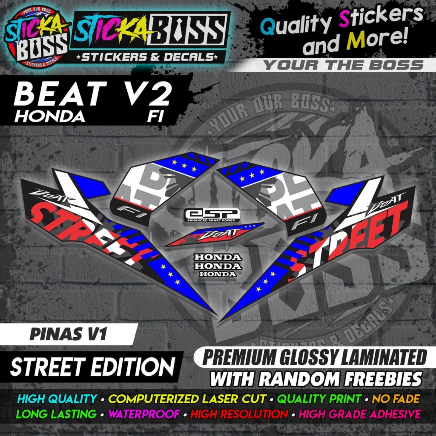 Honda Beat Fi V2 Stock Decals (Street Edition)【PREMIUM GLOSSY LAMINATED】