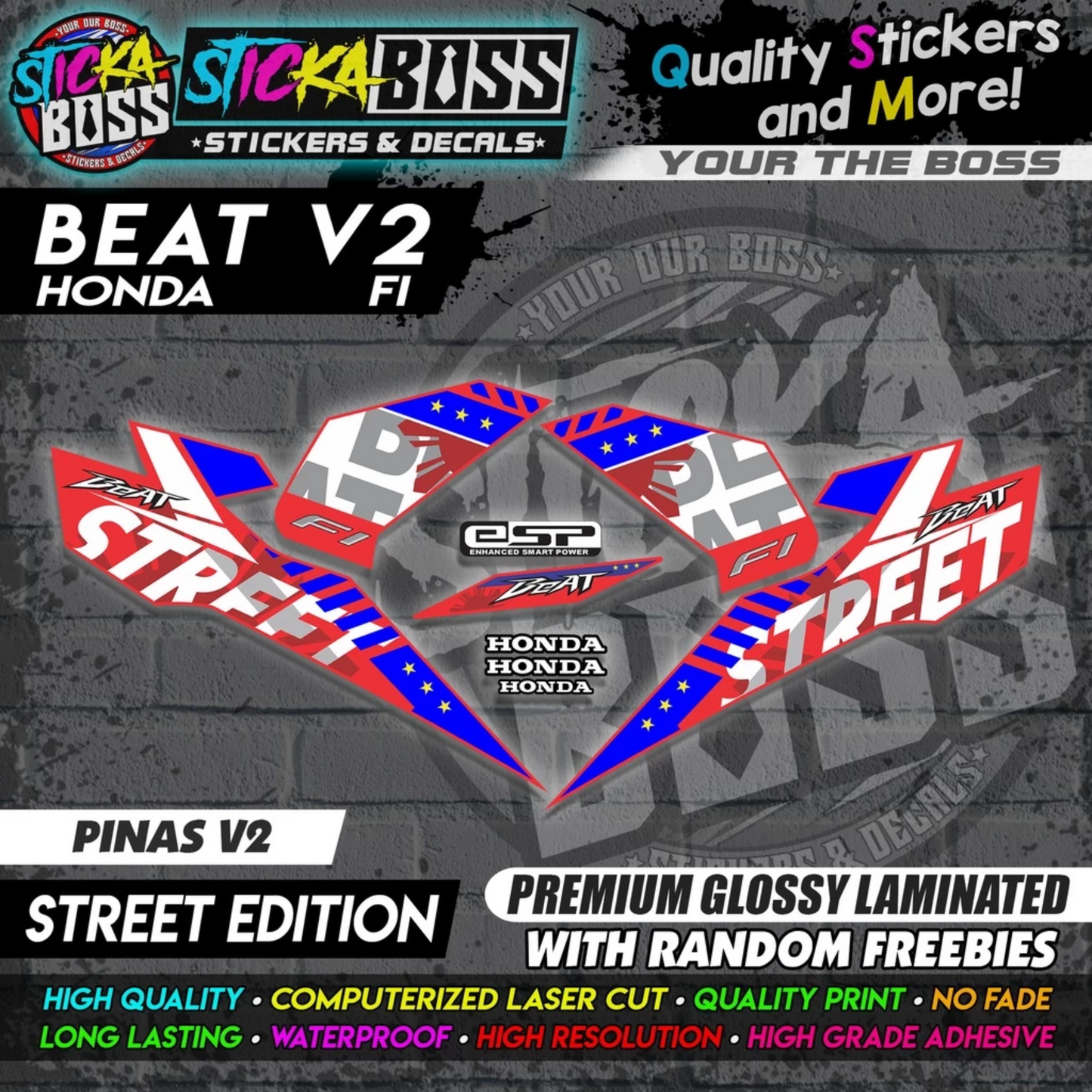 Honda Beat Fi V2 Stock Decals (Street Edition)【PREMIUM GLOSSY LAMINATED】