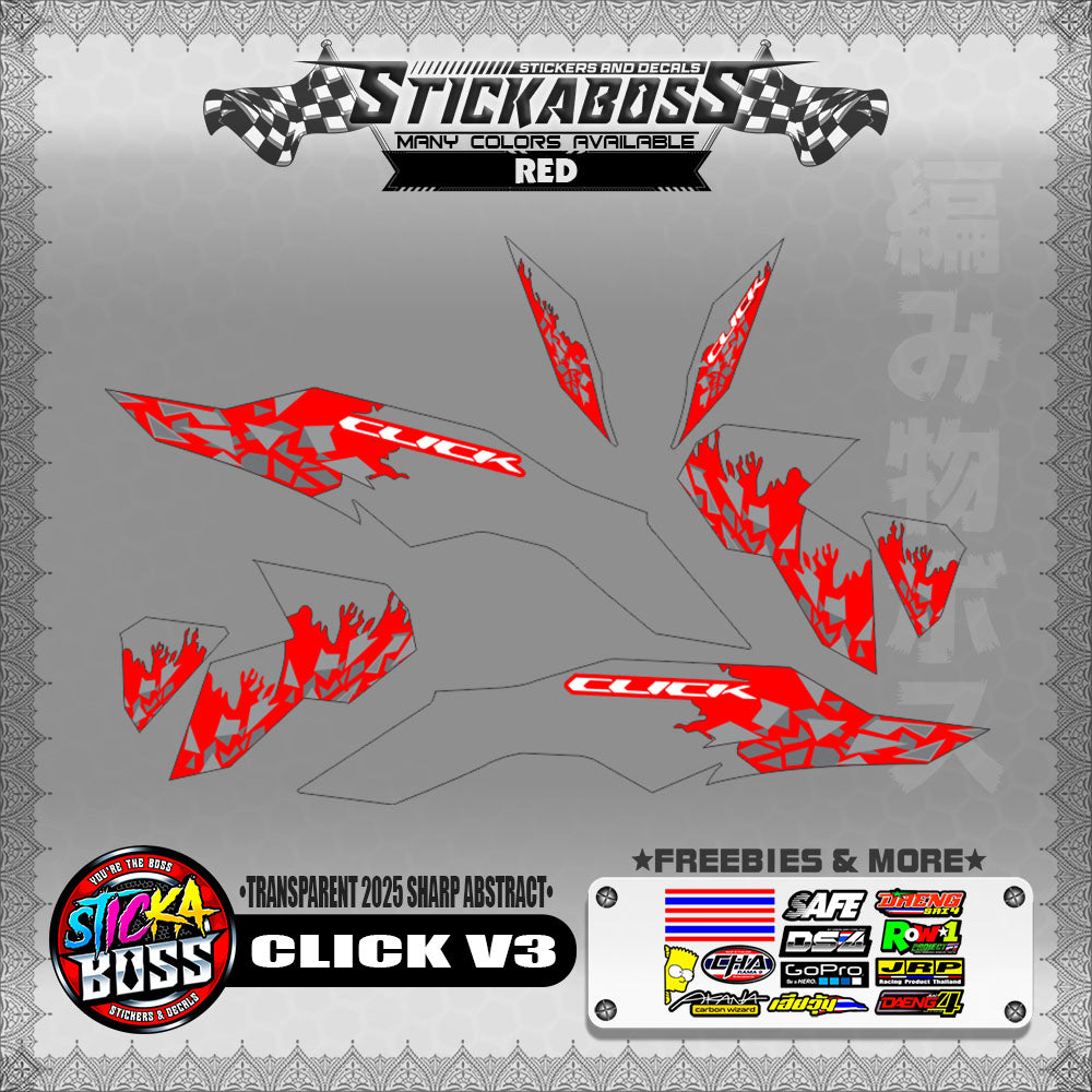 【PREMIUM UV PRINT】TRANSPARENT CLICK V3 INDO STICKER DECALS (2025 SHARP ABSTRACT )【WITH FREEBIES】