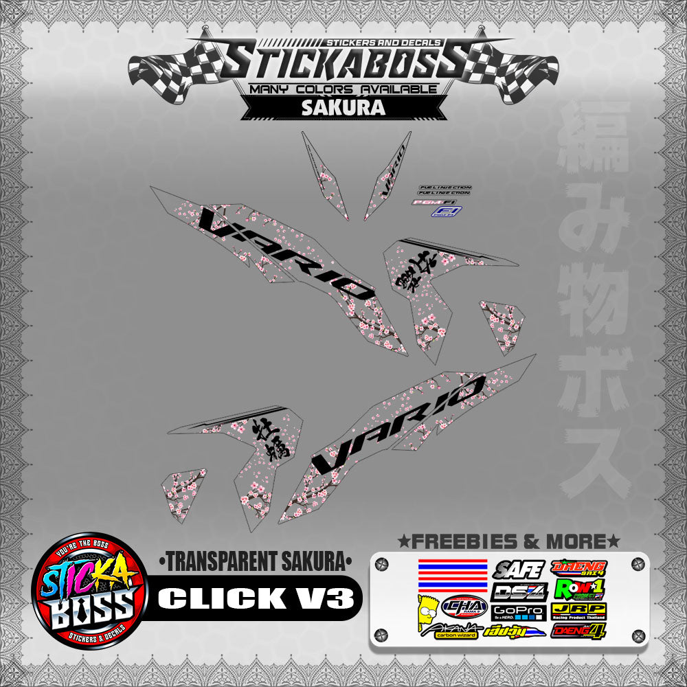 【PREMIUM UV PRINT】TRANSPARENT CLICK V3 STICKER DECALS ( SAKURA )