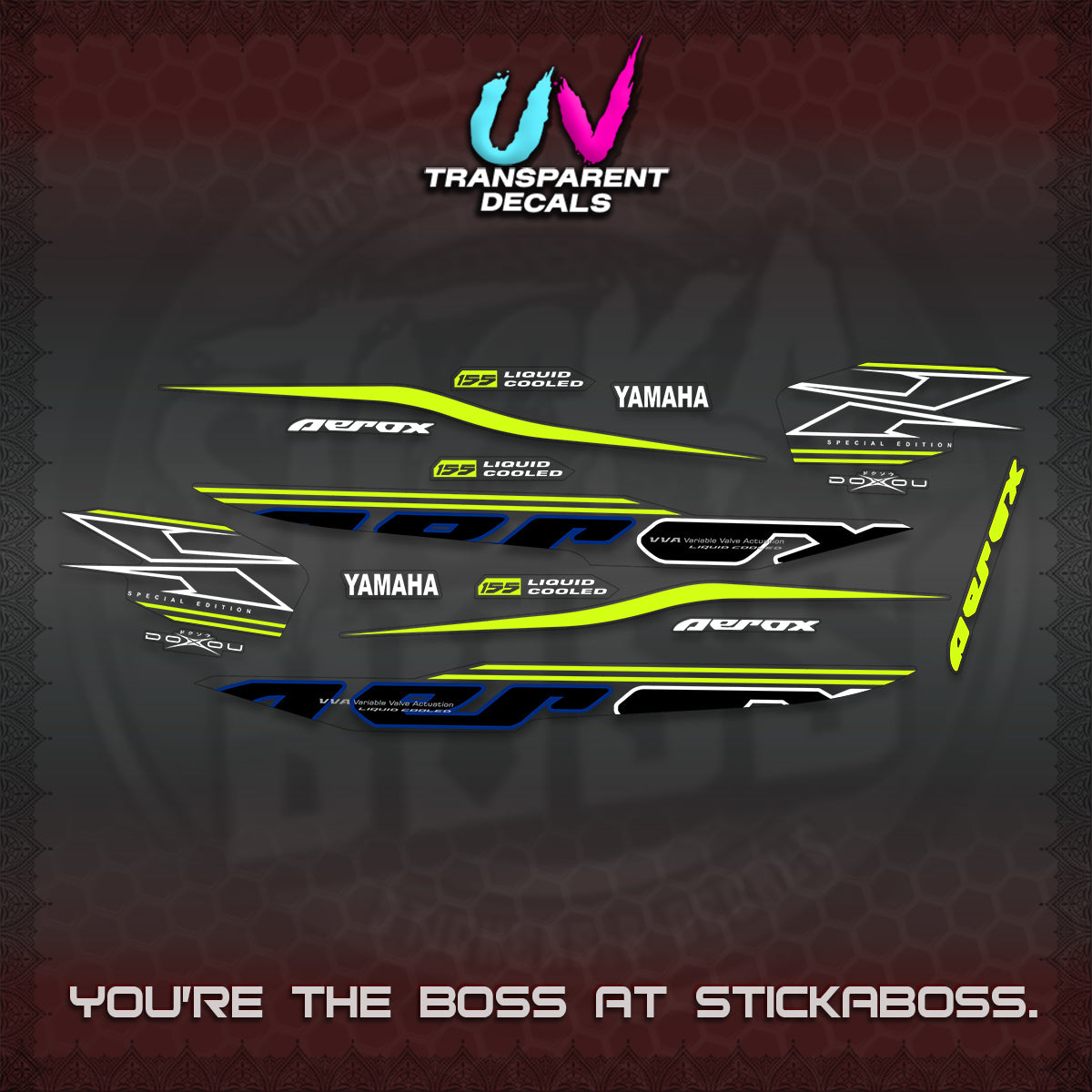 AEROX 155 V1 UV TRANSPARENT DECALS (2026 CYBER STYLE 01) STICKER KITS BY STICKABOSS