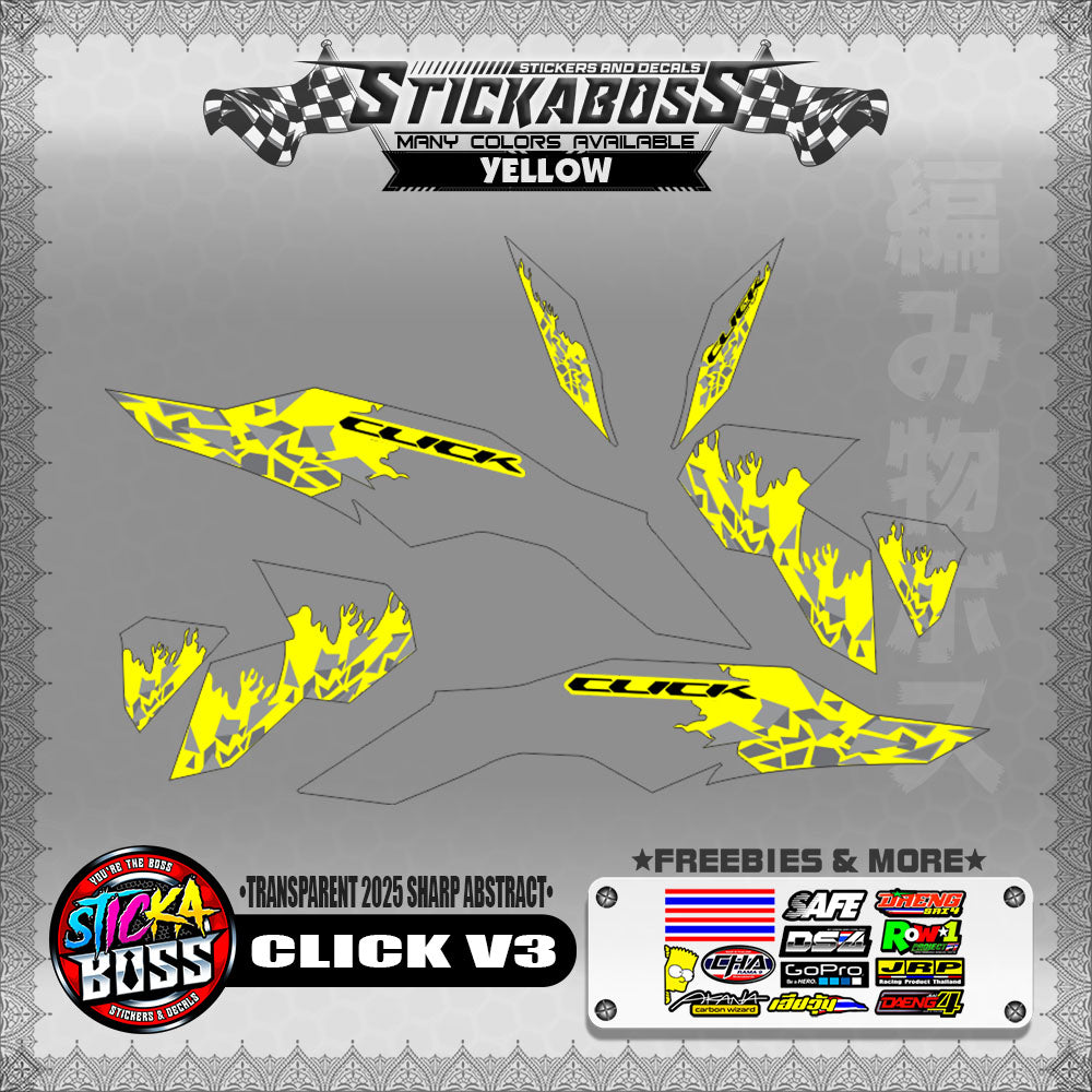 【PREMIUM UV PRINT】TRANSPARENT CLICK V3 INDO STICKER DECALS (2025 SHARP ABSTRACT )【WITH FREEBIES】