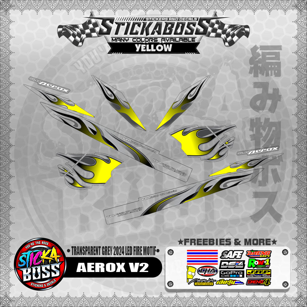 【PREMIUM UV PRINT】TRANSPARENT AEROX V2 DECALS ( GREY 2024 LED FIRE MOTIF )【WITH FREEBIES】