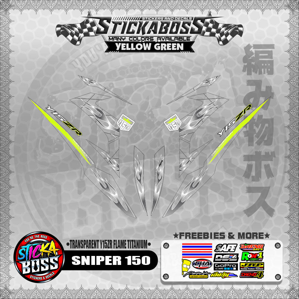 【PREMIUM UV PRINT】TRANSPARENT SNIPER 150 STICKER DECALS ( Y15ZR FLAME TITANIUM )【WITH FREEBIES】