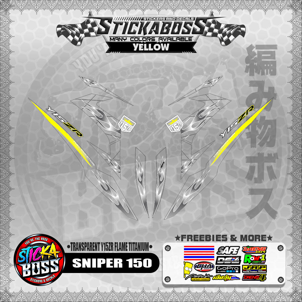【PREMIUM UV PRINT】TRANSPARENT SNIPER 150 STICKER DECALS ( Y15ZR FLAME TITANIUM )【WITH FREEBIES】
