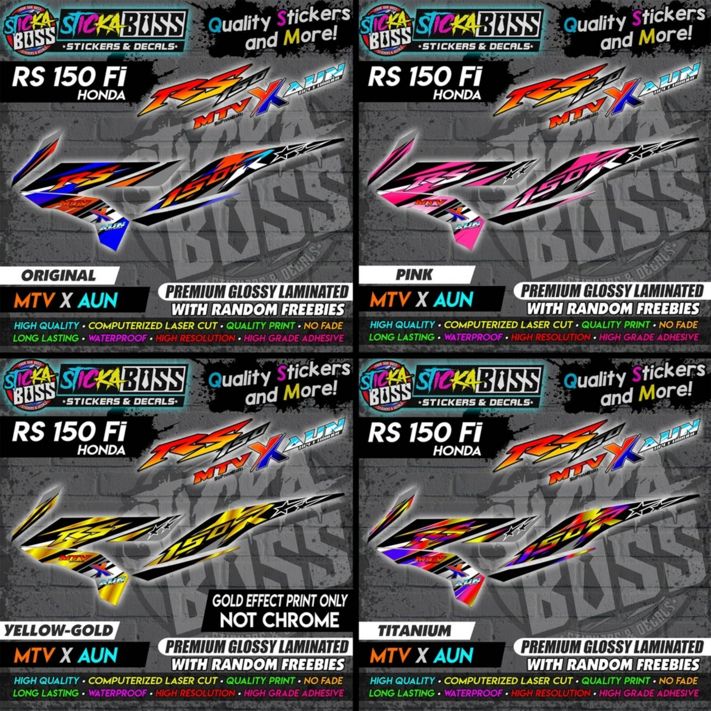 Honda RS 150 Fi (MTV x AUN) [ASSORTED COLORS] Stock Decals【PREMIUM GLOSSY LAMINATED】