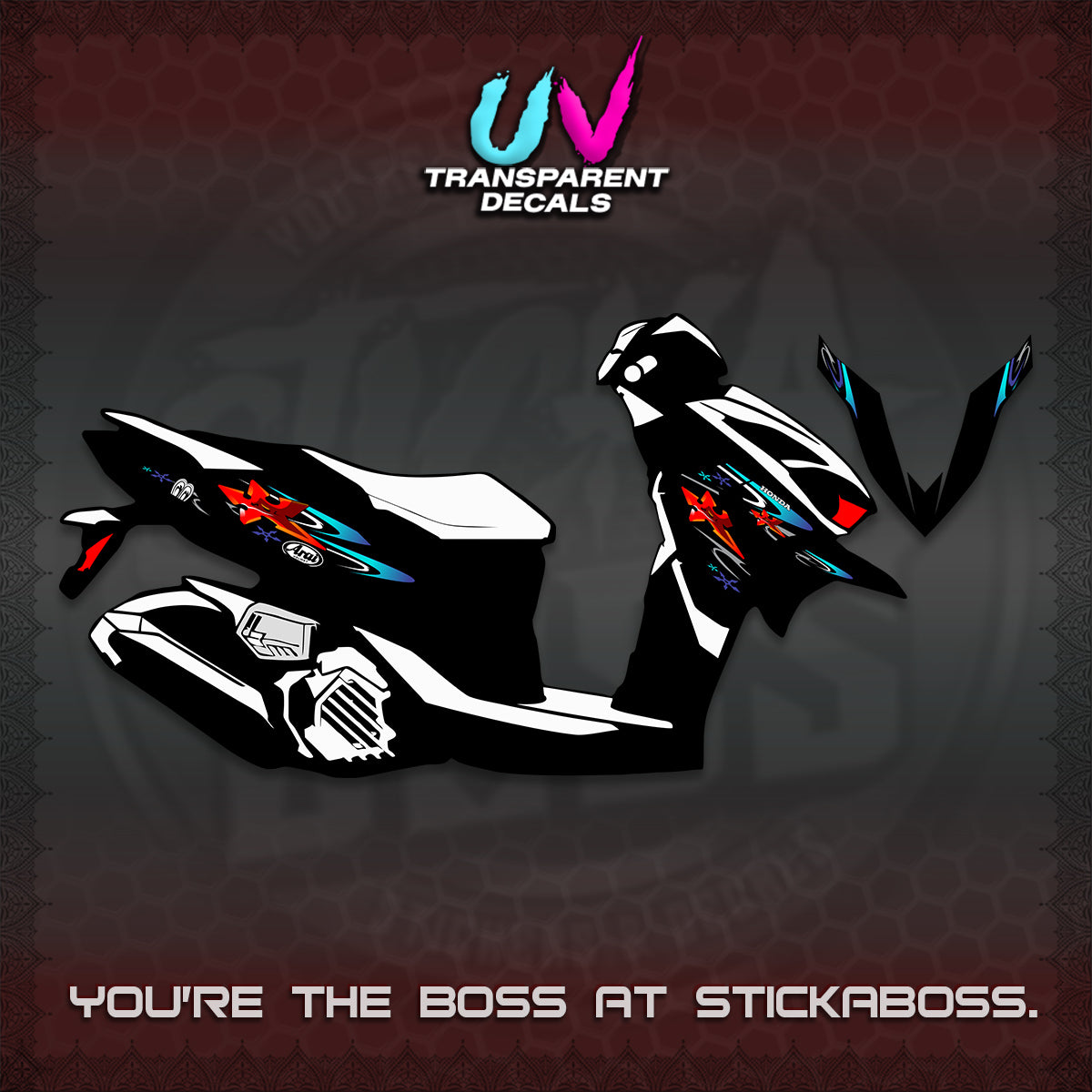 CLICK 125 V4 UV TRANSPARENT DECALS (2026 ARAI STAR RACING DESIGN) STICKER DECALS By STICKABOSS