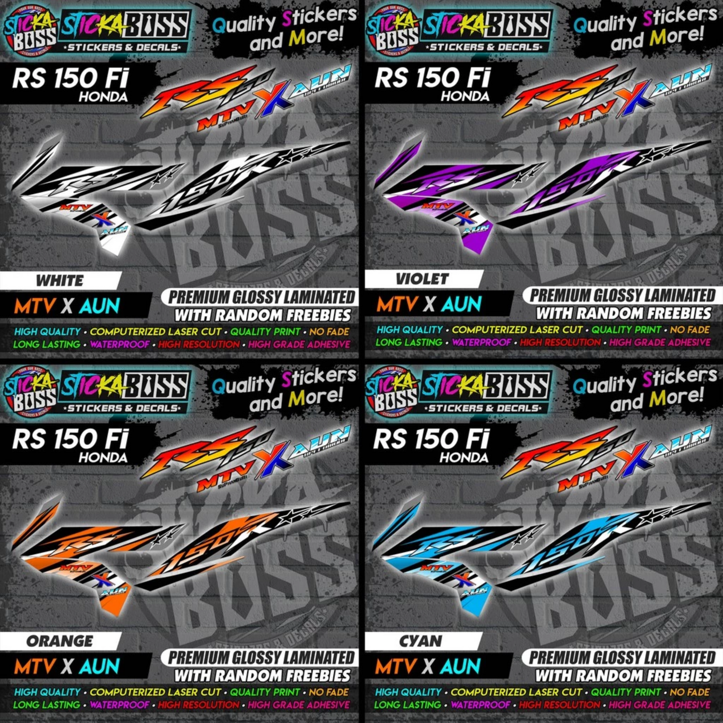 Honda RS 150 Fi (MTV x AUN) [ASSORTED COLORS] Stock Decals【PREMIUM GLOSSY LAMINATED】