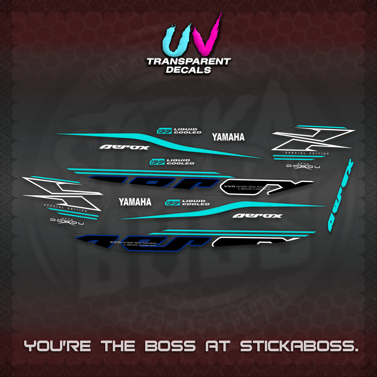 AEROX 155 V1 UV TRANSPARENT DECALS (2026 CYBER STYLE 01) STICKER KITS BY STICKABOSS