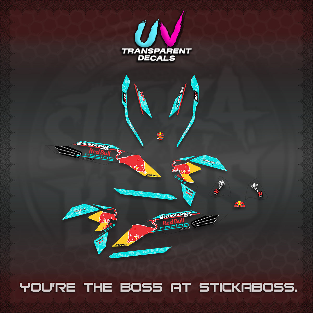 CLICK V3 UV TRANSPARENT DECALS (2026 BULLREDS RACE DESIGN) STICKER KITS BY STICKABOSS