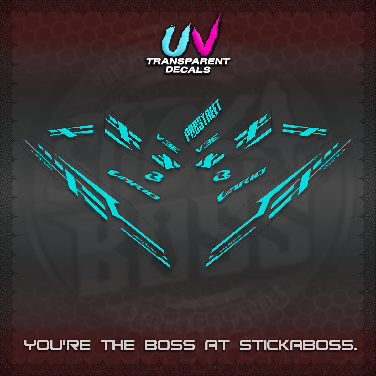 CLICK V3 UV TRANSPARENT VARIO DECALS (2026 V3E 001 DESIGN)STICKER KITS By STICKABOSS