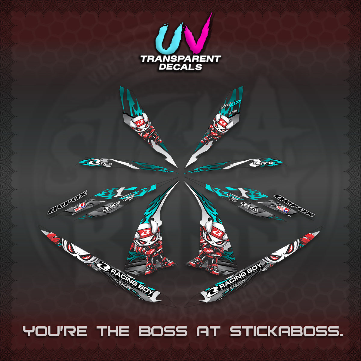AEROX 155 V1 UV TRANSPARENT DECALS (2026 NEW RCB 2.0 DESIGN) STICKER KITS BY STICKABOSS