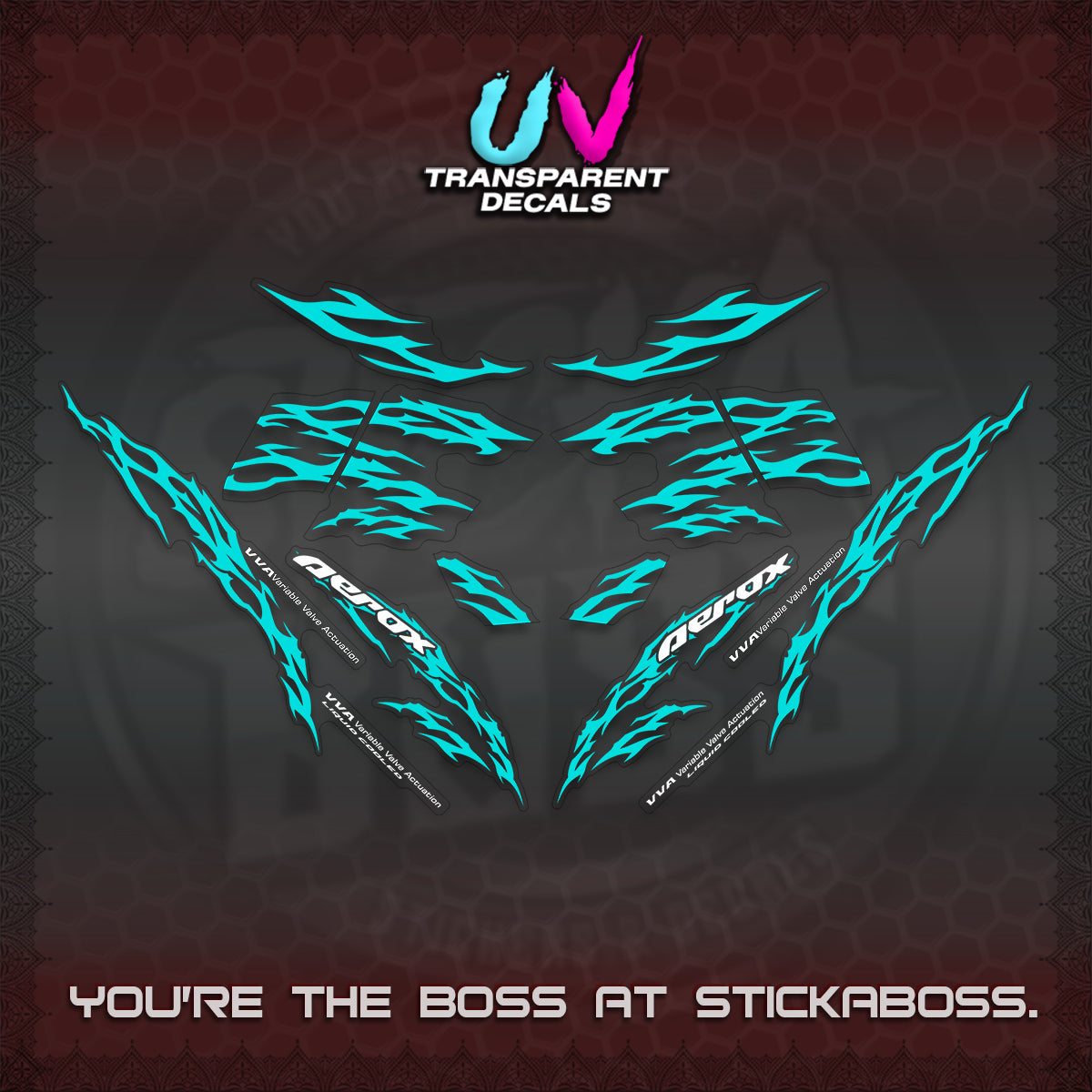 AEROX 155 V2 UV TRANSPARENT DECALS (2026 TRIBAL LIGHTNING DESIGN) STICKER KITS BY STICKABOSS