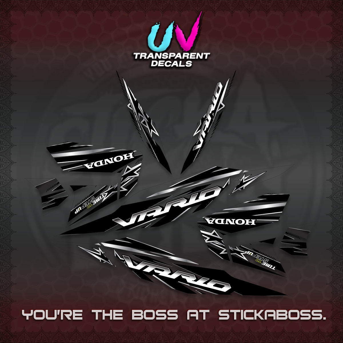 CLICK 125 V4 VARIO UV TRANSPARENT DECALS (2026 BLACK STAR DESIGN) STICKER DECALS By STICKABOSS