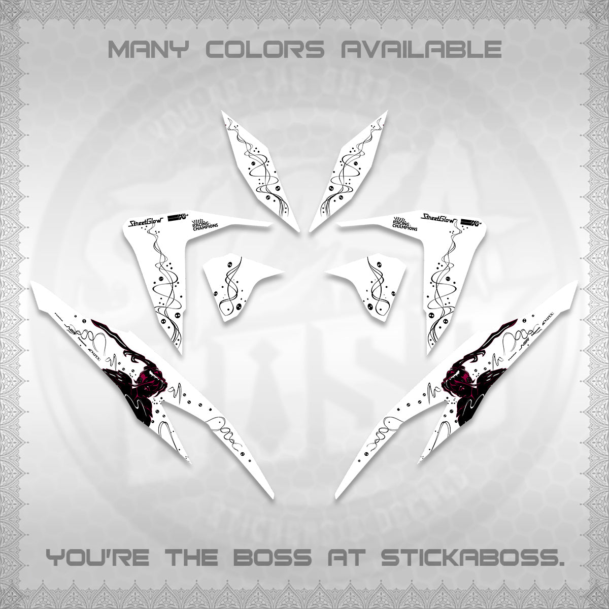 CLICK V2 FOR WHITE DECALS (2026 2F2F SWIRL DESIGN) STICKER KITS BY STICKABOSS