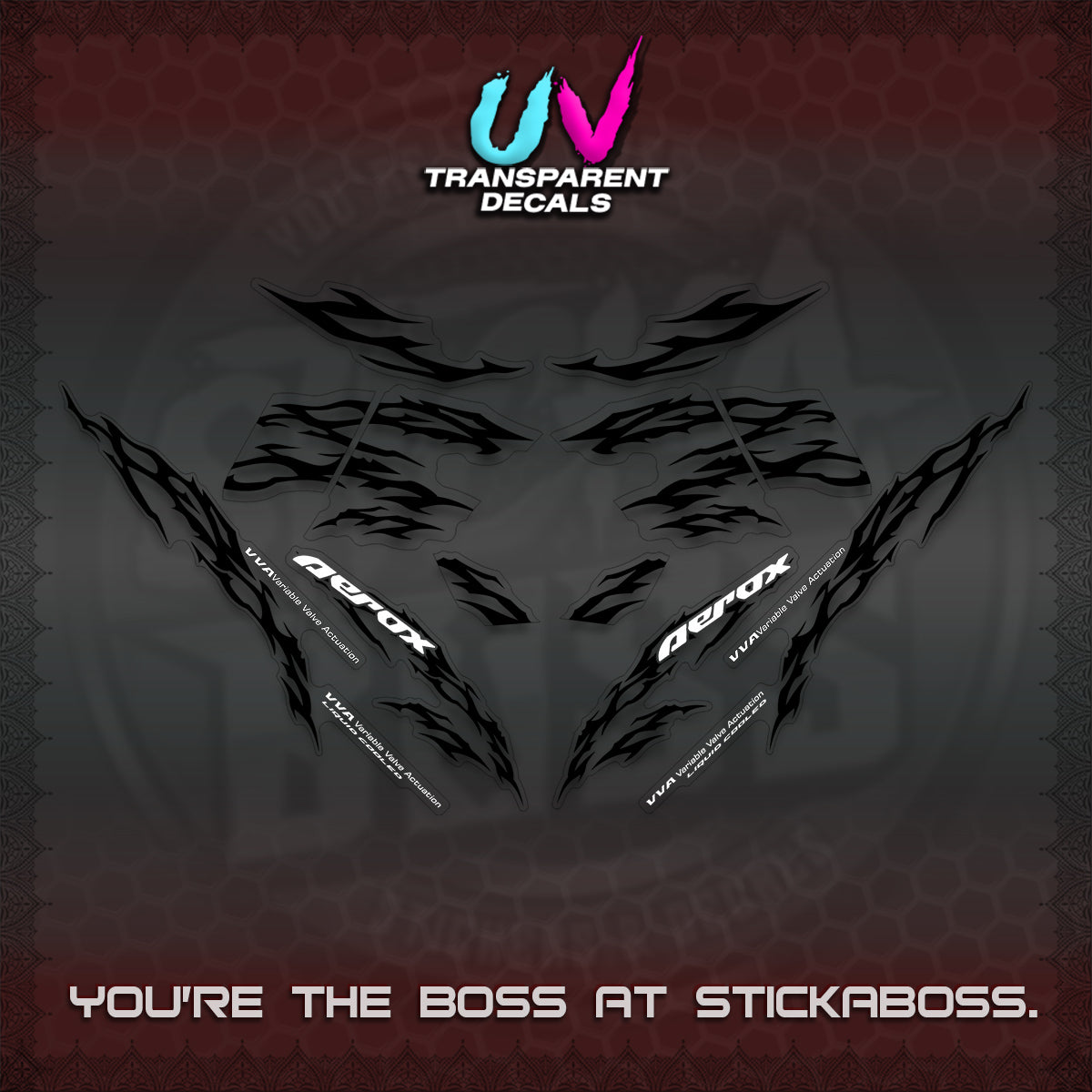 AEROX 155 V2 UV TRANSPARENT DECALS (2026 TRIBAL LIGHTNING DESIGN) STICKER KITS BY STICKABOSS