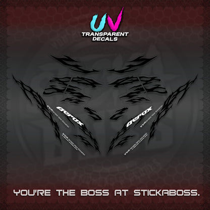 AEROX 155 V2 UV TRANSPARENT DECALS (2026 TRIBAL LIGHTNING DESIGN) STICKER KITS BY STICKABOSS