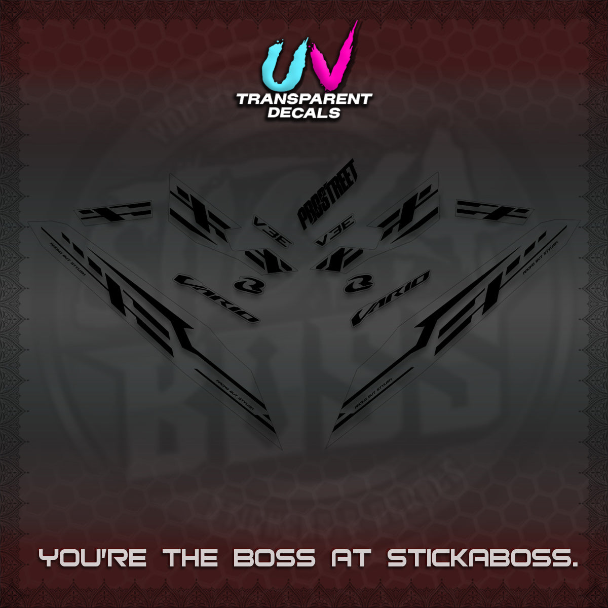 CLICK V3 UV TRANSPARENT VARIO DECALS (2026 V3E 001 DESIGN)STICKER KITS By STICKABOSS
