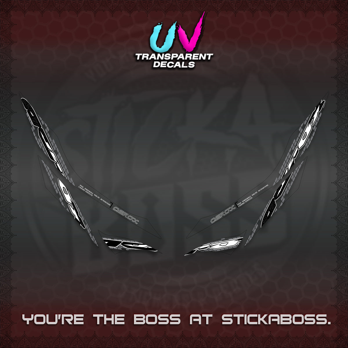 AEROX 155 V1 UV TRANSPARENT DECALS (NEW 2026 VORTEX) STICKER KITS BY STICKABOSS