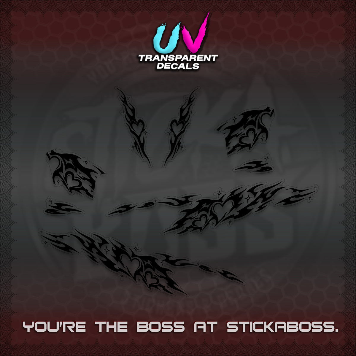 CLICK 125 V2 UV TRANSPARENT DECALS (2026 TRIBAL HEART DESIGN) STICKER KITS BY STICKABOSS