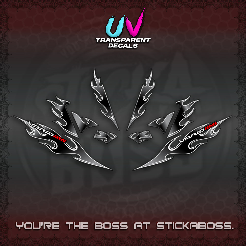 CLICK 125 V4 UV TRANSPARENT VARIO DECALS (2026 MOTIF FLAME 1 TONE)STICKER DECALS By STICKABOSS