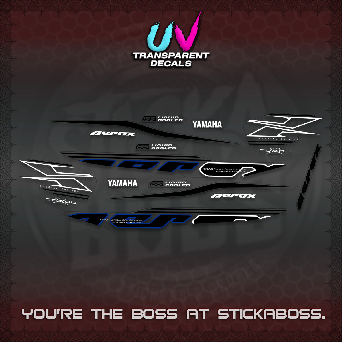 AEROX 155 V1 UV TRANSPARENT DECALS (2026 CYBER STYLE 01) STICKER KITS BY STICKABOSS
