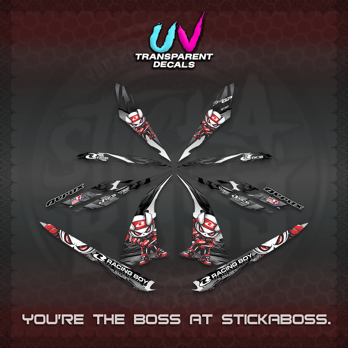 AEROX 155 V1 UV TRANSPARENT DECALS (2026 NEW RCB 2.0 DESIGN) STICKER KITS BY STICKABOSS
