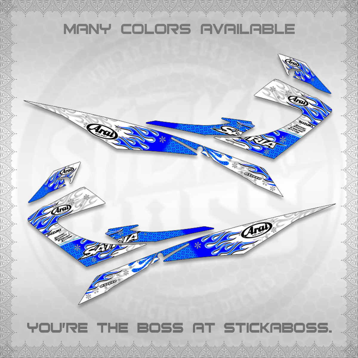 RAIDER 150 CARB SATRIA  FOR WHITE DECALS (ARAI API NEW TERBARU MOTIF)STICKER DECALS By STICKABOSS