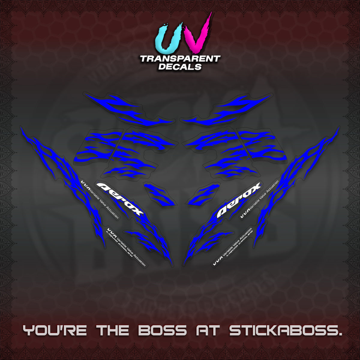 AEROX 155 V2 UV TRANSPARENT DECALS (2026 TRIBAL LIGHTNING DESIGN) STICKER KITS BY STICKABOSS