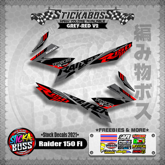 Suzuki Raider 150 Fi Stock Decals 2021 (GREY-RED V2)【PREMIUM GLOSSY LAMINATED】