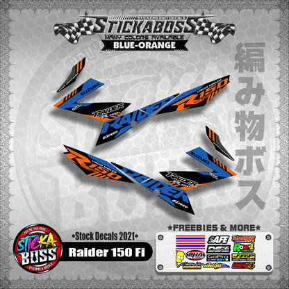 Suzuki Raider 150 Fi Stock Decals 2021 (BLUE-ORANGE)【PREMIUM GLOSSY LAMINATED】