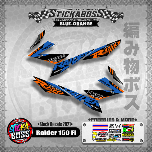 Suzuki Raider 150 Fi Stock Decals 2021 (BLUE-ORANGE)【PREMIUM GLOSSY LAMINATED】