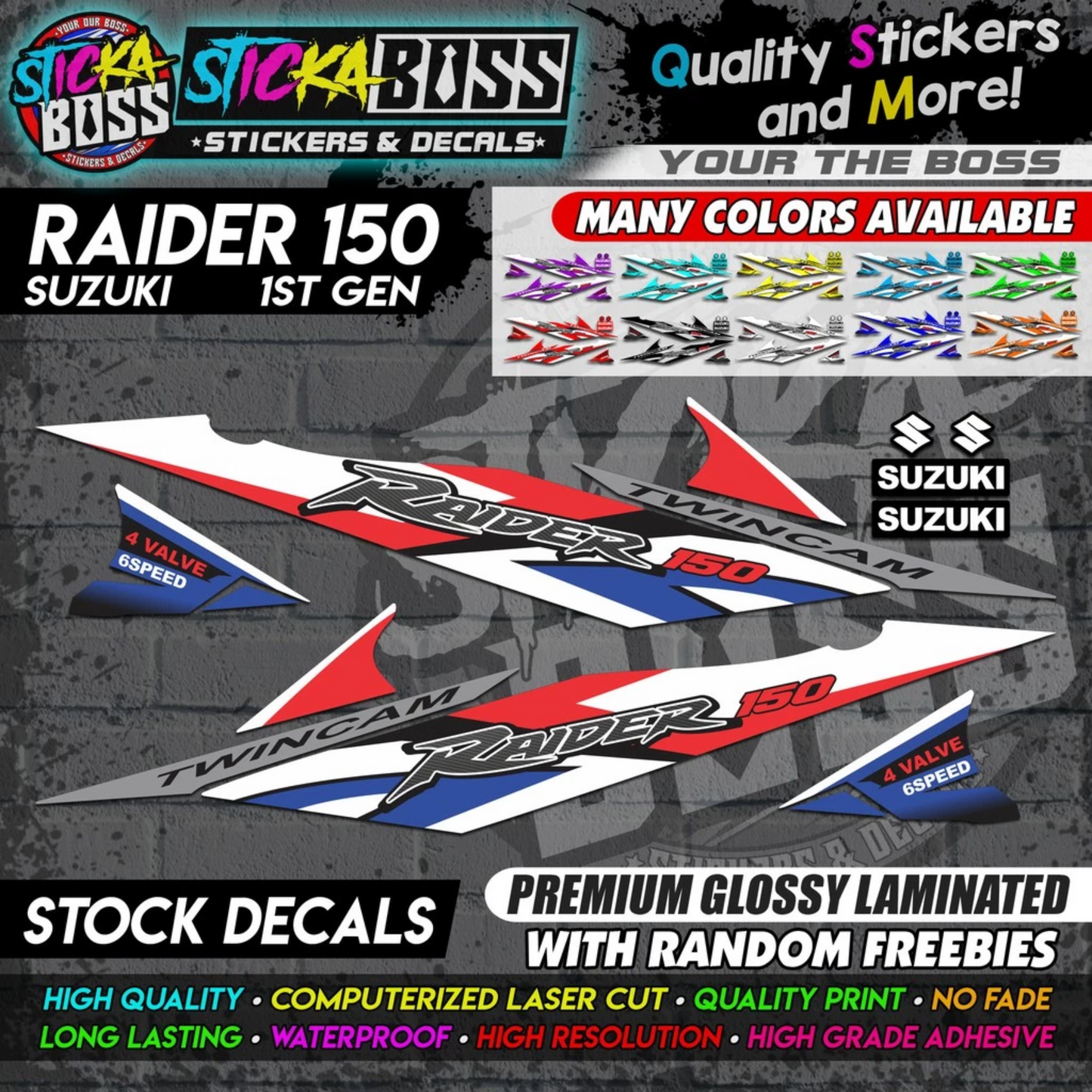 Suzuki Raider 150 1st Gen Decals (Stock Design) [ASSORTED COLORS]【PREMIUM GLOSSY LAMINATED】