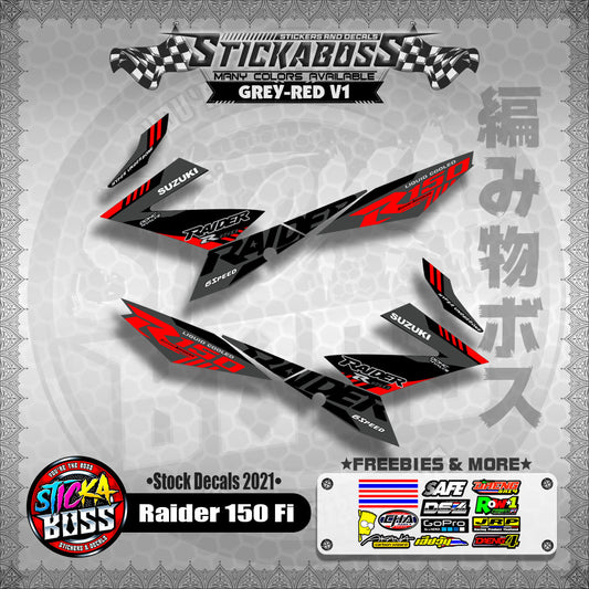 Suzuki Raider 150 Fi Stock Decals 2021 (GREY-RED V1)【PREMIUM GLOSSY LAMINATED】