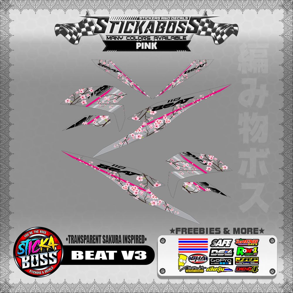 【PREMIUM UV PRINT】TRANSPARENT BEAT FI V3 STICKER DECALS ( SAKURA INSPIRED )【WITH FREEBIES】