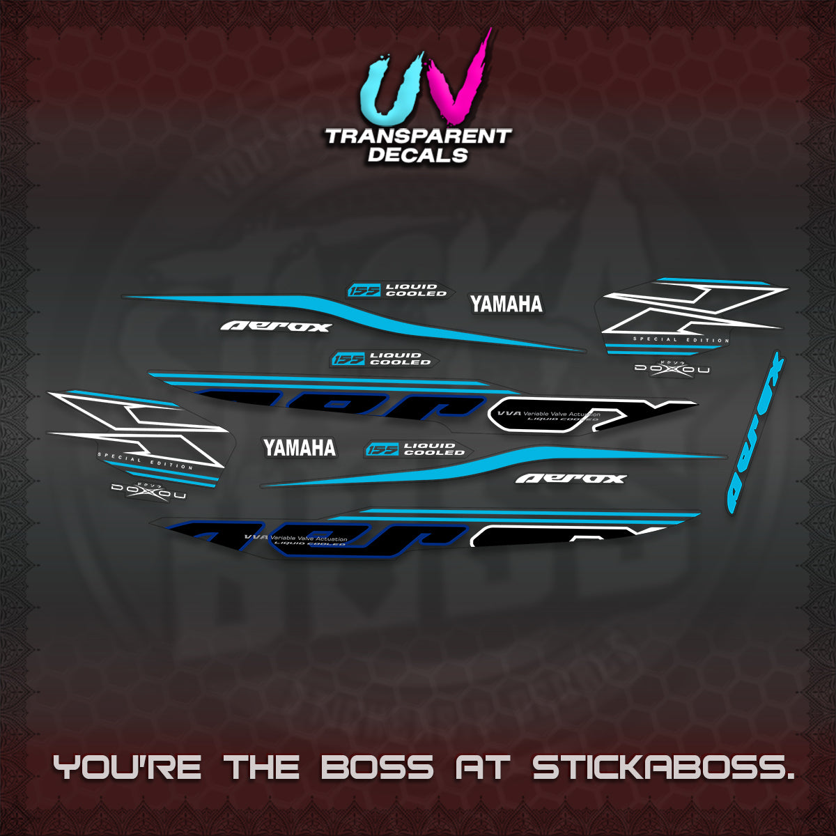 AEROX 155 V1 UV TRANSPARENT DECALS (2026 CYBER STYLE 01) STICKER KITS BY STICKABOSS