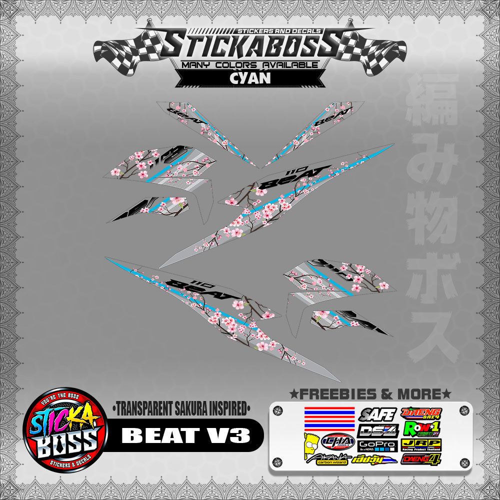【PREMIUM UV PRINT】TRANSPARENT BEAT FI V3 STICKER DECALS ( SAKURA INSPIRED )【WITH FREEBIES】