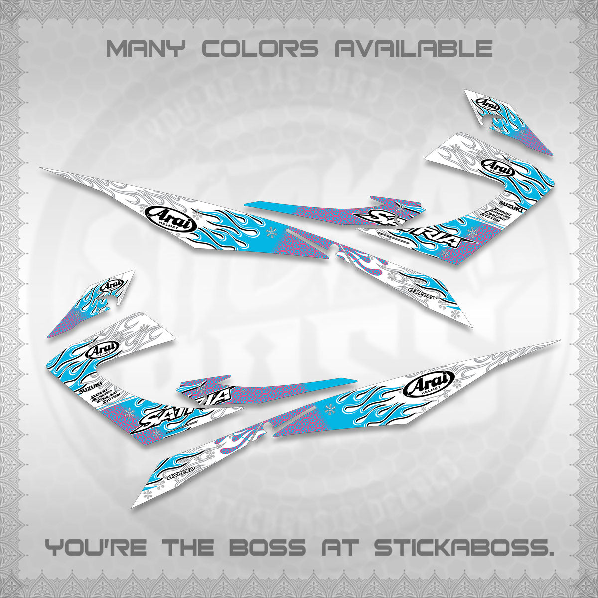 RAIDER 150 CARB SATRIA  FOR WHITE DECALS (ARAI API NEW TERBARU MOTIF)STICKER DECALS By STICKABOSS
