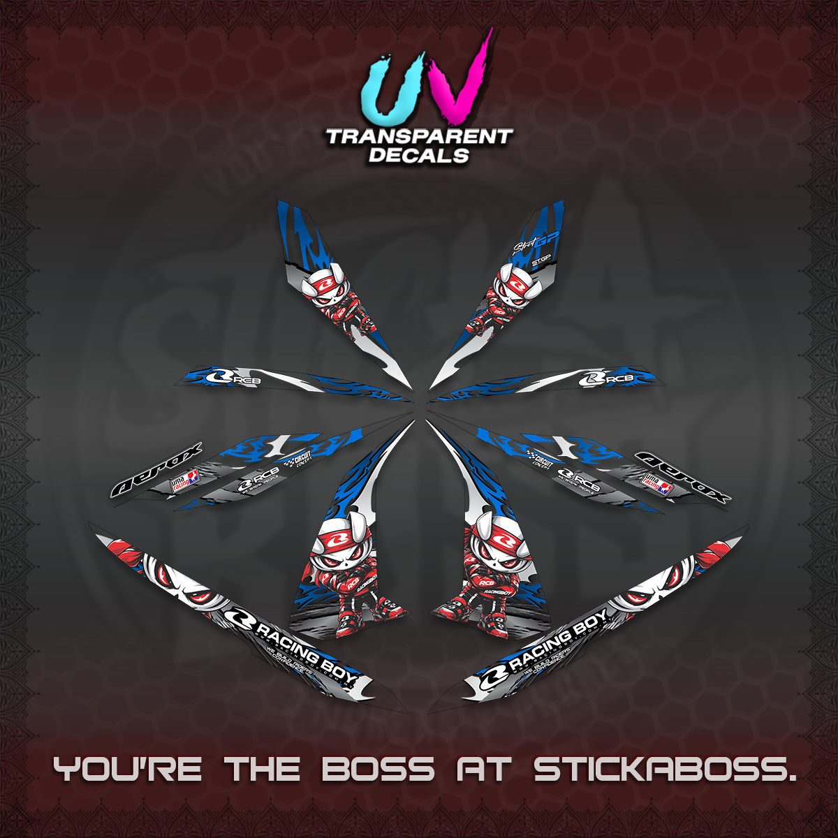 AEROX 155 V1 UV TRANSPARENT DECALS (2026 NEW RCB 2.0 DESIGN) STICKER KITS BY STICKABOSS