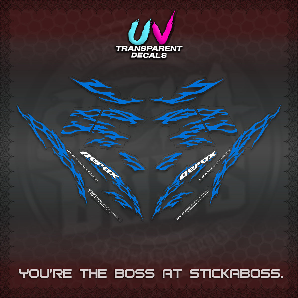 AEROX 155 V2 UV TRANSPARENT DECALS (2026 TRIBAL LIGHTNING DESIGN) STICKER KITS BY STICKABOSS