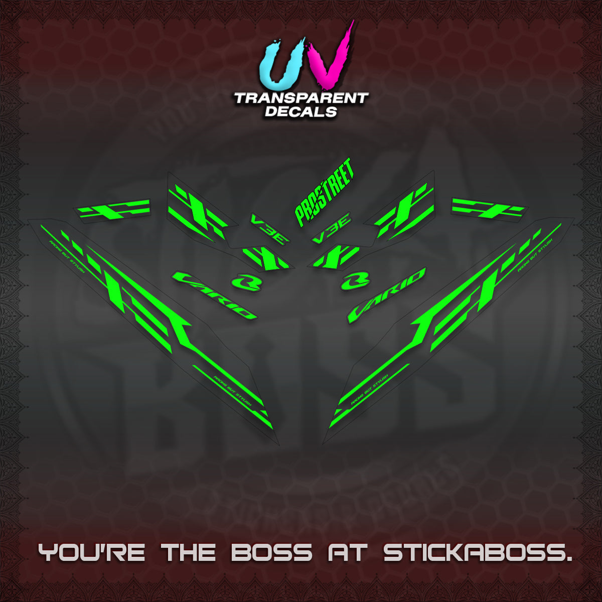 CLICK V3 UV TRANSPARENT VARIO DECALS (2026 V3E 001 DESIGN)STICKER KITS By STICKABOSS