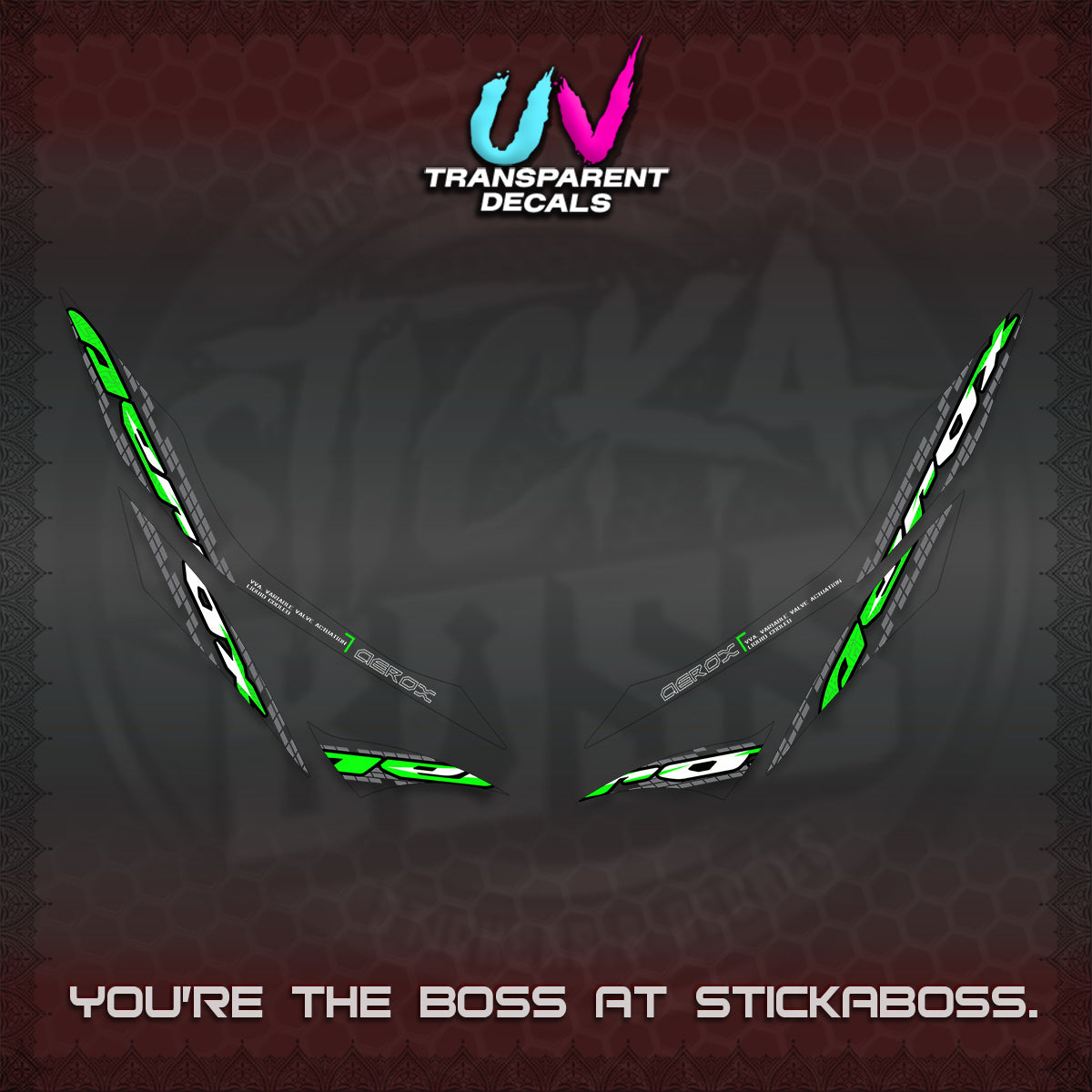 AEROX 155 V1 UV TRANSPARENT DECALS (NEW 2026 VORTEX) STICKER KITS BY STICKABOSS